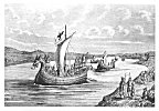 </P>
<B><P ALIGN=CENTER>KARLSEFNI'S EXPEDITION ASCENDING CHARLES RIVER</B>.</P>
<P>IT appears most probable from the text that when Karlsefni sailed from Iceland to visit the New World, in about the year 1003, his expedition comprised more than two ships. The saga mentions two ships, and also relates that on one ship were forty men. Considering that there was a total of 160 men in the company, while the character of the vessels used scarcely allowed for provisions and accommodation, for more than fifty men each, it is almost certain that three or more ships were included in the expedition. That the vessels were small or of very light draft is proved by their ability to navigate in rivers. as related in the saga. From the nature of the country described it is believed that the stream ascended was the Charles River that issues near Boston.</P>