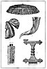 VIKING RELICS<BR>
1. Gold Collar from Oland. 2. Masked Helmet from Thorsbjerg Moss. 3. Drinking-horn. 4. Portion of a Damascened Sword from Nydam. 5. Bronze Sword Grip decorated with gold and garnets.<BR>
1. 3, <I>and</I> 5 <I>reproduced by permission from</I> ''<I>Kulturgeshichte Schwedens</I>'' <I>by Oscar Montelius</I>